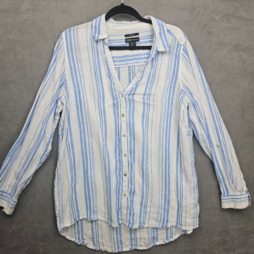 100% Linen Blue Striped Button Up Coastal Top Size Large